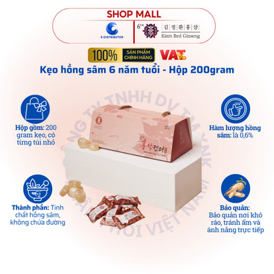 [HỎA TỐC] Kim's Red Ginseng - Kẹo hồng sâm 6 năm tuổi - Hộp 200 gram - Hàng chính hãng