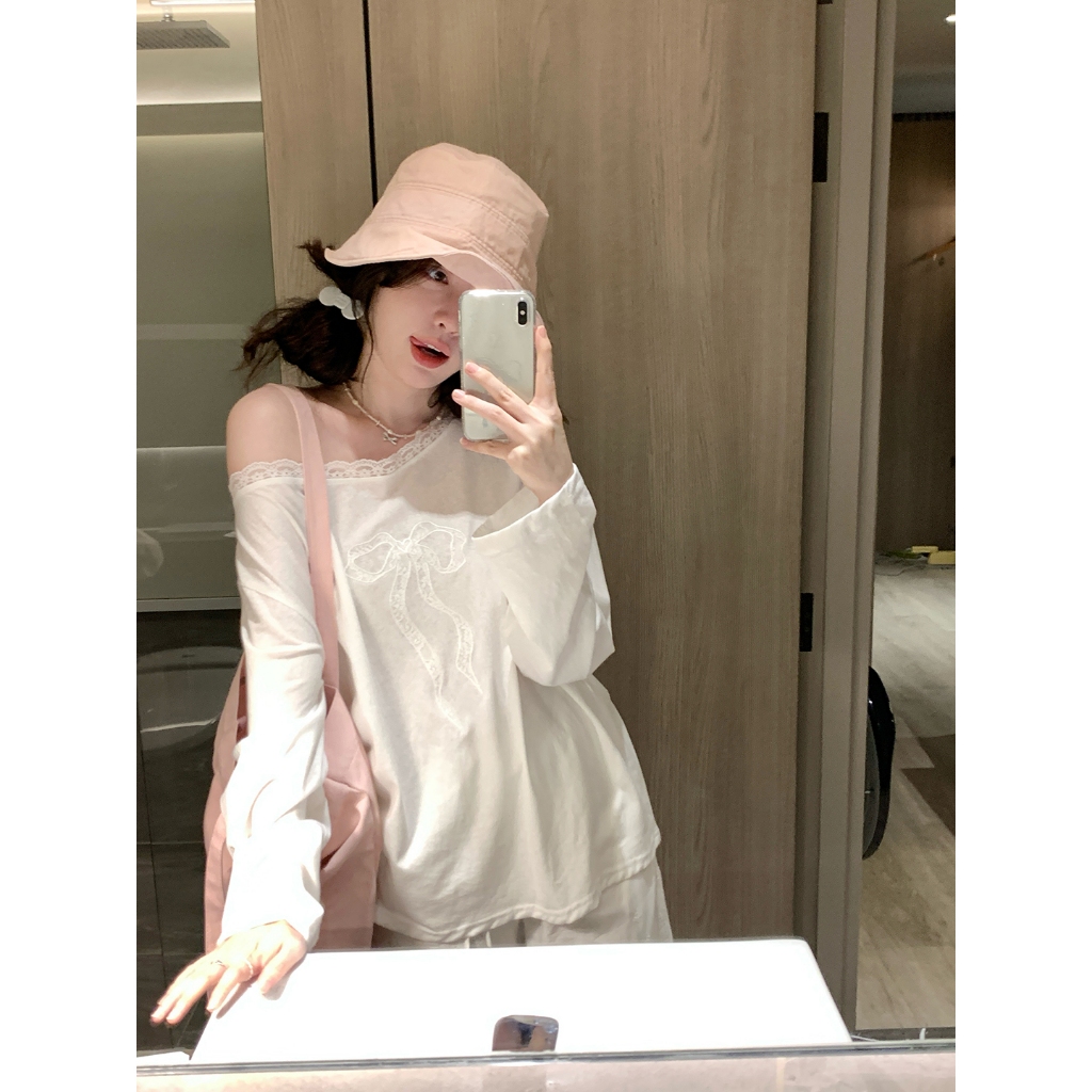 Pure White Love Butterfly Knot Lace Off Shoulder Sun Protection Long Sleeve T Shirt For Women Summer