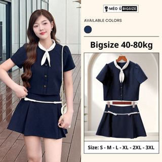 Set đồ nữ BIGSIZE Mèo Ú áo thiết kế cổ nơ thỏ dáng croptop mix chân váy chữ A đính nơ dáng xoè 1902