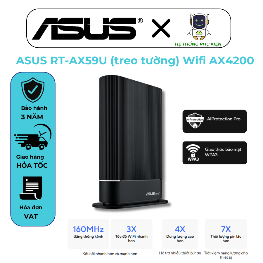 ASUS RT-AX59U (treo tường) Wifi AX4200 (802.11ax) AiMesh hỗ trợ bảo mật mạng - HÀNG CHÍNH HÃNG, BẢO 