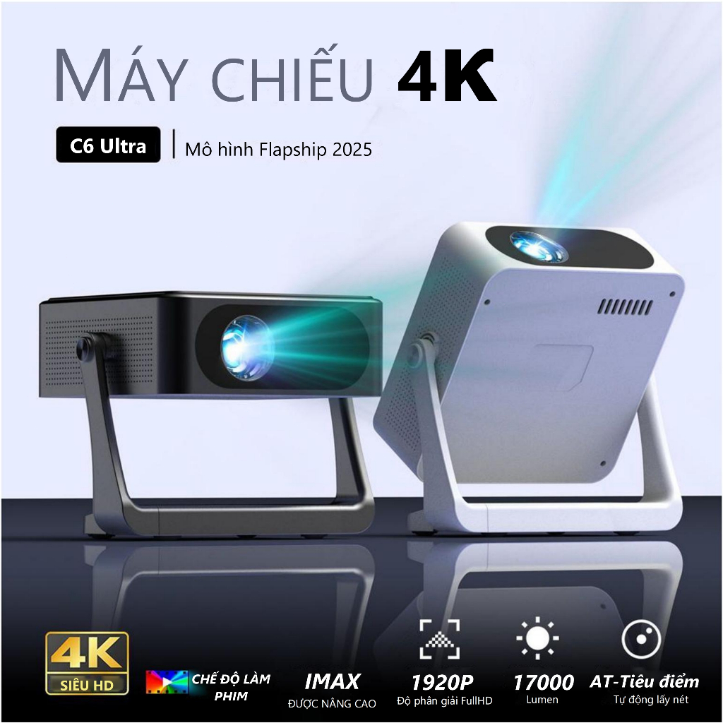 Máy Chiếu 4K FINTEXPro Androi C6 Chiếu Siêu Nét, 17000Lumen Xem Phim Giải Trí, Dạy Học, Văn Phòng, Bóng Đá Full HD/ Wifi