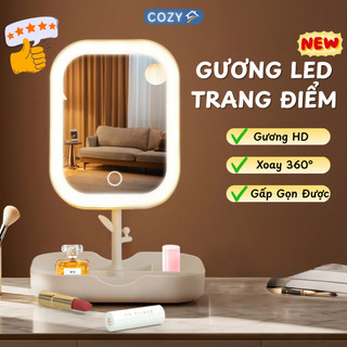  Gương trang điểm để bàn có đèn LED – gương xoay 360° kèm khay đựng tiện lợi CozyHome 
