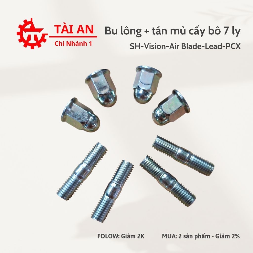 Bu lông cấy bô + tán mũ cổ bô ren 7mm xe tay ga Honda Air Blade, Vision, PCX, Lead