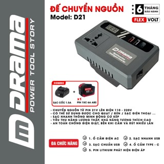 Đế chuyển đổi nguồn điện DRAMA D21 chuyển từ pin 21v lên 110 - 220v, Chân phổ thông 4cm
