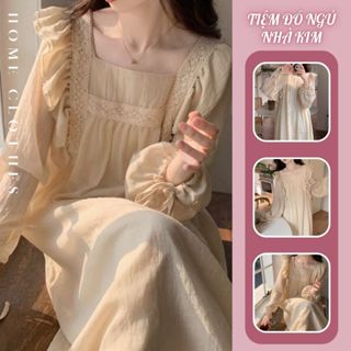  Váy ngủ dài tay đầm ngủ nữ dáng dài cổ vuông phối bèo ren màu trắng be phong cách tiểu thư dễ thương HQ - DN061 