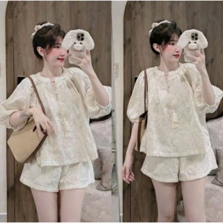  Sét bộ đùi nữ babydoll tiểu thư sét thô ren thêu 2 lớp cổ tròn cột dây nơ tay lửng phối quần ngắn xinh xắn trẻ trung 