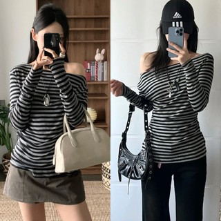   SẴN  Áo dài tay trễ vai kẻ ngang đen ghi cơ bản chất thun dày dặn co giãn ATV022 - Tiktik 