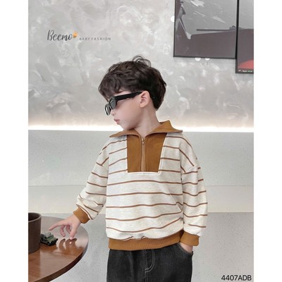 Áo nỉ da cá Beemo kẻ ngang phối cổ vải da cá dày dặn cho bé trai mặc đi học, đi chơi từ 9-24kg 4407ADB