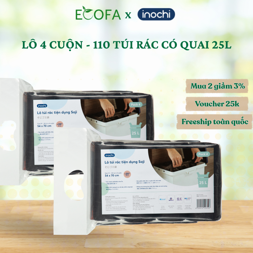 Lô 4 cuộn 140 túi rác Inochi có quai đa năng, túi đựng rác không rỉ nước không mùi, bịch đựng rác
