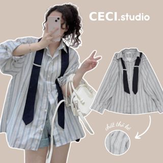 Áo Sơ Mi Nữ Dài Tay Kẻ Sọc Kèm Cà Vạt Cổ Bẻ, Sơ Mi Kiểu Nữ Hè Phong Cách Hàn Quốc - Ceci.studio - A381