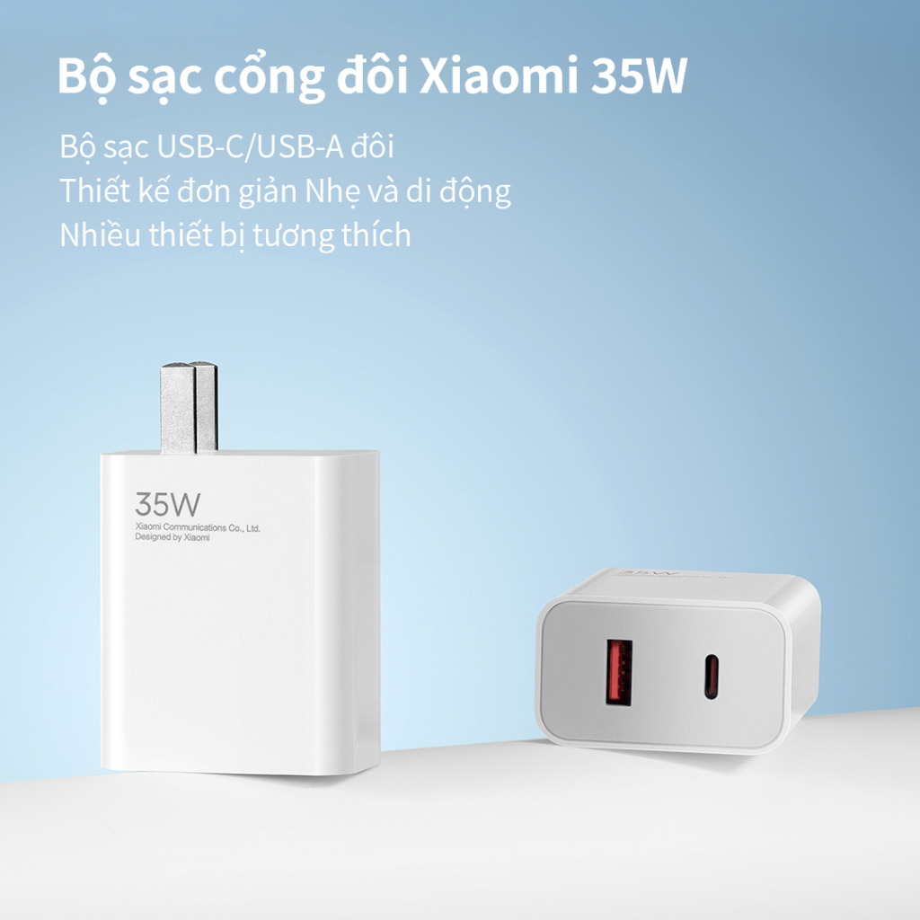 Bộ sạc Xiaomi 35W hai cổng Sạc nhanh USB-C/USB-A, thiết kế gọn nhẹ, tương thích với nhiều thiết bị