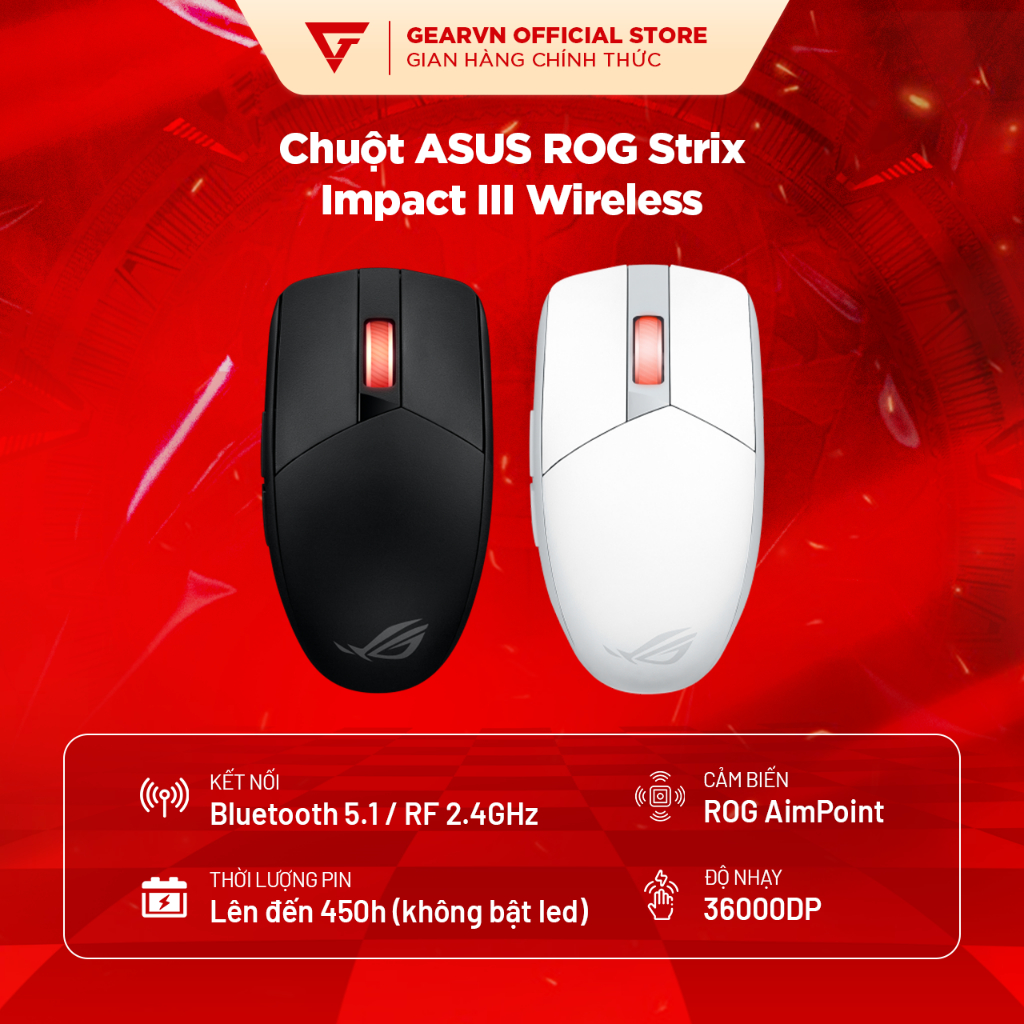 Chuột không dây ASUS ROG Strix Impact III Wireless 2 Mode Cảm biến Rog Aimpoint BH 24 tháng | BigBuy360 - bigbuy360.vn