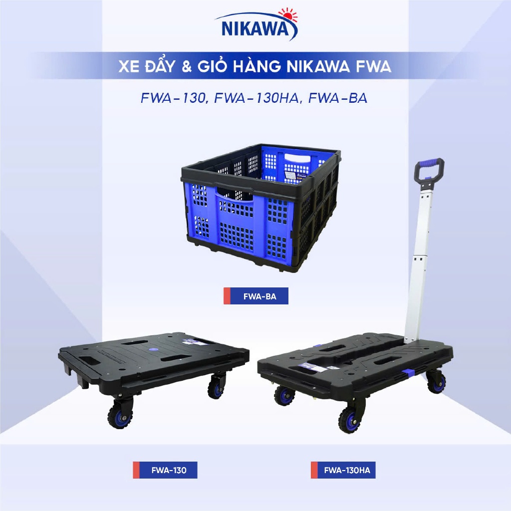 Xe đẩy và Giỏ nhựa đựng hàng NIKAWA cao cấp 4 bánh cao su chống ồn FWA-130, FWA-130HA, FWA-BA bảo hà