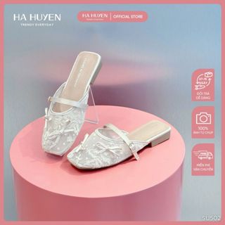 Giày sục nữ HÀ HUYỀN ren nơ quai mảnh khóa cài đế bệt 2cm - SU502