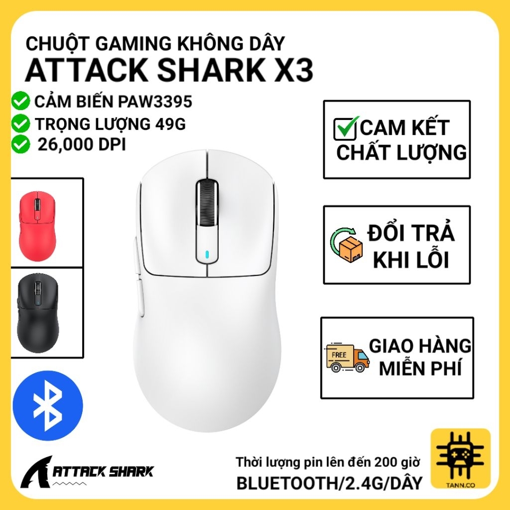 CHUỘT KHÔNG DÂY ATTACK SHARK X3 - PAW3395 SIÊU NHẸ, BA CHẾ ĐỘ, CHUYÊN GAME ESPORTS