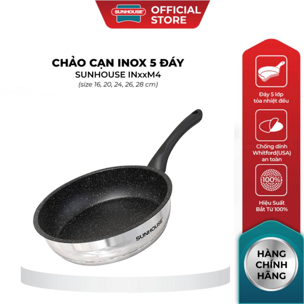 Chảo Cạn SUNHOUSE IN20M4/IN24M4/IN26M4/IN28M4 - Inox 5 Đáy Chống Dính, Công Nghệ Impact Bonding