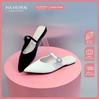 Giày sục nữ HÀ HUYỀN da lì mũi nhọn quai ngang đính đá đế bệt 1cm - SU505