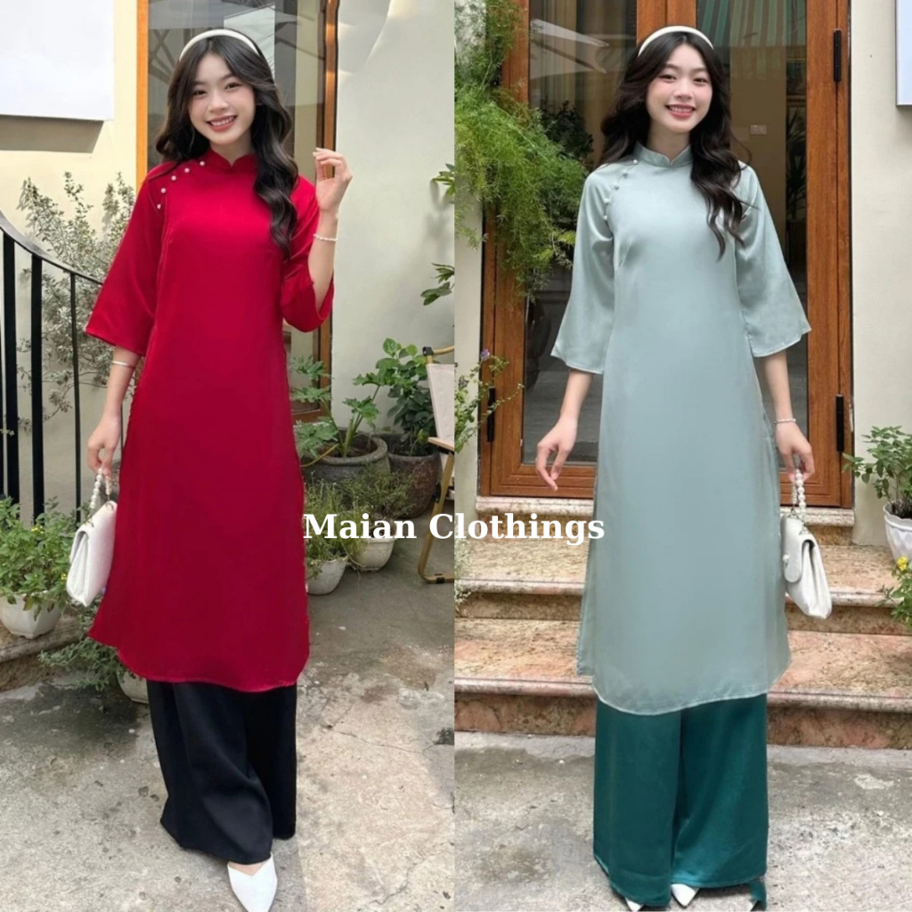 Áo dài cách tân nữ Maian dùng đi chơi lễ tết kiểu truyền thống màu đỏ xanh trắng vải lụa đính cúc ngọc trẻ đẹp S8770