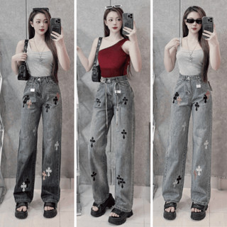 Quần bò ống suông nữ MELINA (tặng dây) jean ống suông thêu chữ thập hai màu xám khói xanh nhạt size S M L 1659