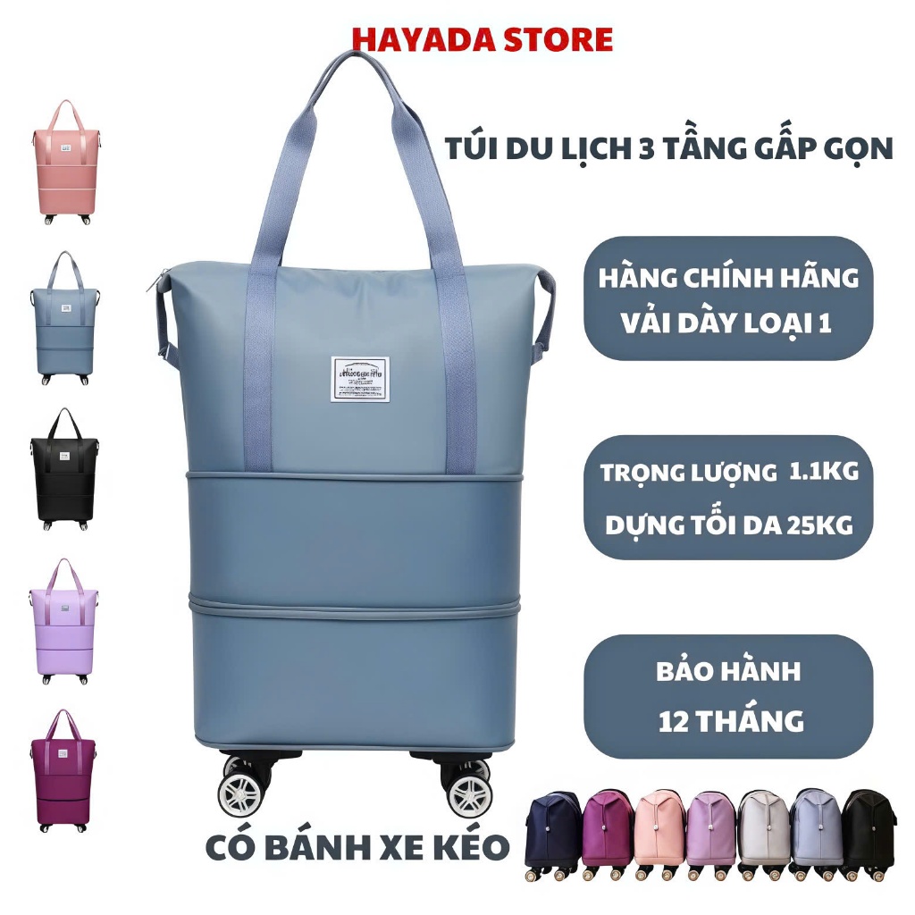 Túi du lịch gấp gọn 3 tầng đa năng có bánh xe kéo, túi đựng quần áo hành lí, túi vải du lịch cao cấp chống thấm nước