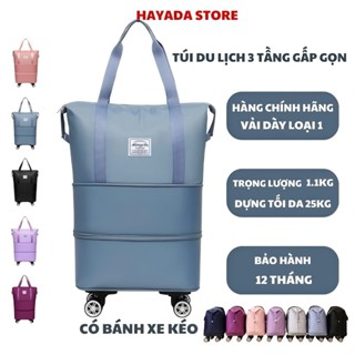Túi du lịch gấp gọn 3 tầng đa năng có bánh xe kéo, túi đựng quần áo hành lí, túi vải du lịch cao cấp chống thấm nước