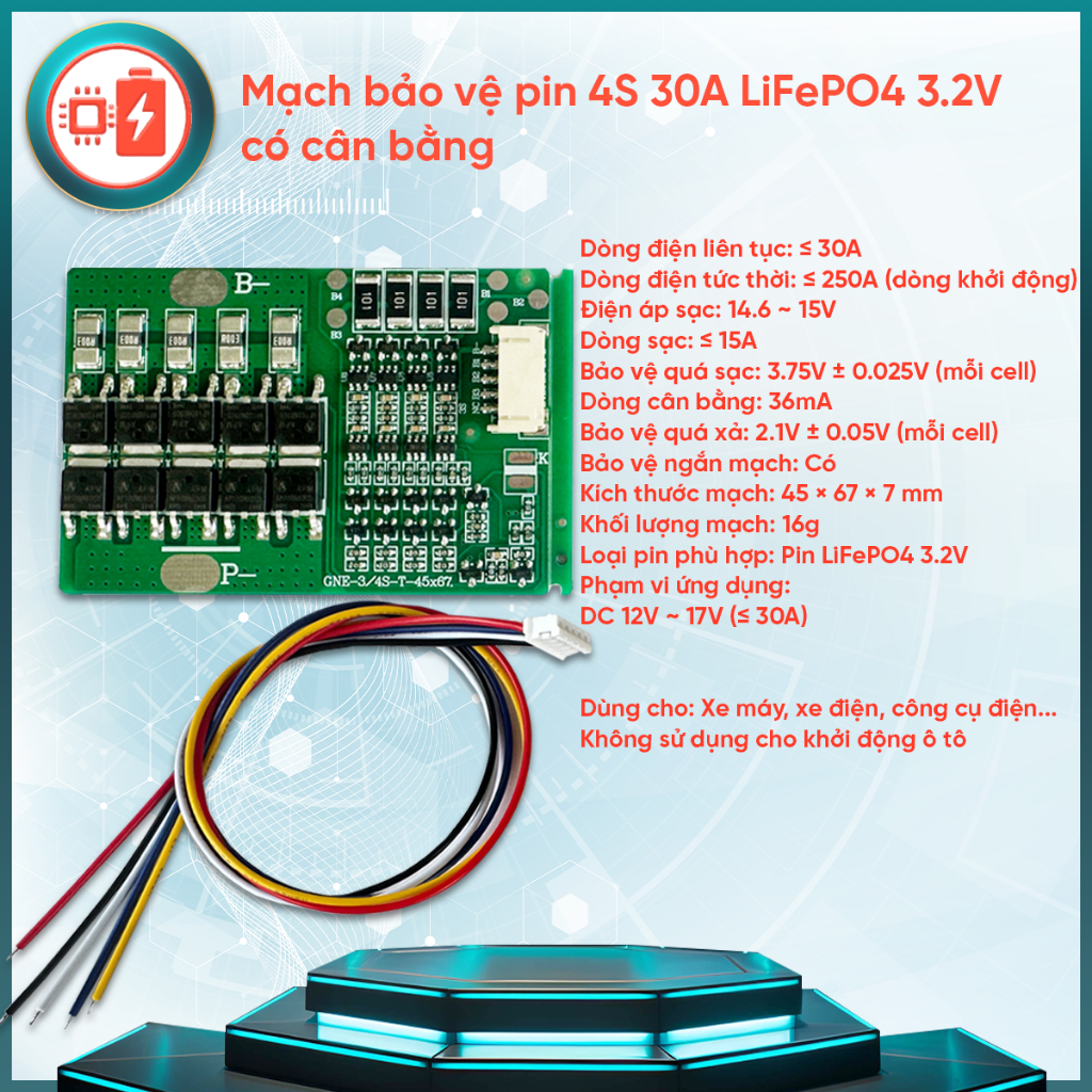 Mạch Bảo Vệ Pin Sắt 4S 30A (3.2V) Dòng Tức Thời 250A Có Cân Bằng, Mạch Đề Xe Máy (H17)