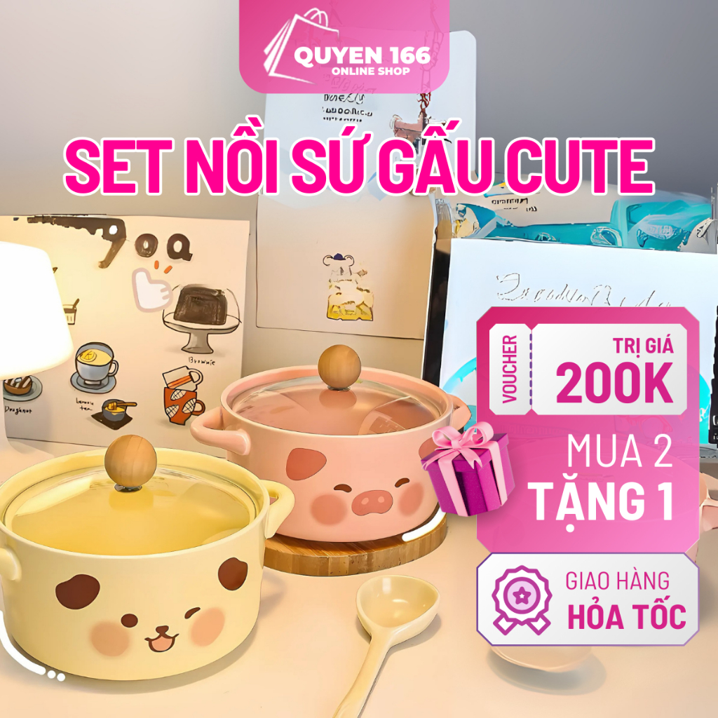 Bộ Nồi Gốm Sứ Kèm Thìa Hình Gấu Dễ Thương, Set Nồi Sứ Mini Đựng Đồ Ăn, Không Dùng Bếp