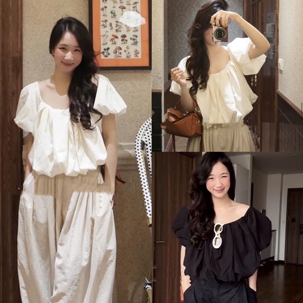 (Hàng Shop): Áo Trễ Vai Thô Đũi Ép Mùng Dáng Bí Phồng 3 Màu Nhẹ Nhàng Dễ Mix Đồ Mặc Được Nhiều Kiểu-