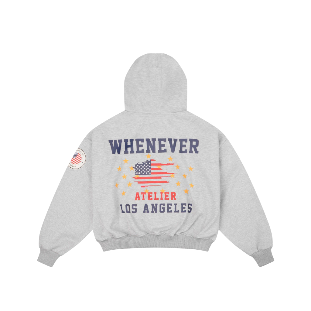 "WHENEVER" Áo Hoodie Whenever LA Hoodie Zip 2 Chiều Vải Nỉ Bông Form Boxy / PREMIUM GREY