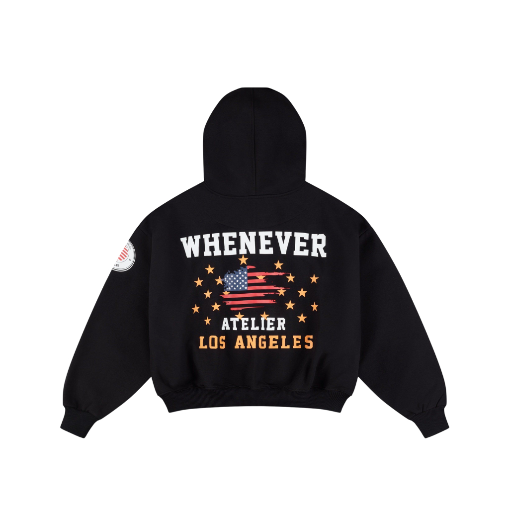 "WHENEVER" Áo Hoodie Whenever LA Hoodie Zip 2 Chiều Vải Nỉ Bông Form Boxy / BLACK