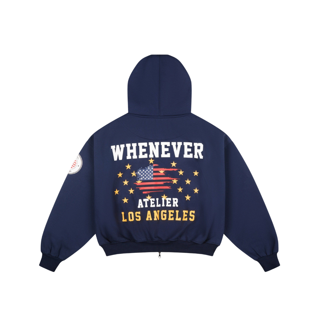 "WHENEVER" Áo Hoodie Whenever LA Hoodie Zip 2 Chiều Vải Nỉ Bông Form Boxy / NAVY