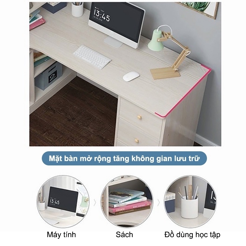 ALOVE Bàn học bàn làm việc đa năng kèm kệ sách góc, bàn gỗ văn phòng có ngăn kéo tiện dụng | BigBuy360 - bigbuy360.vn