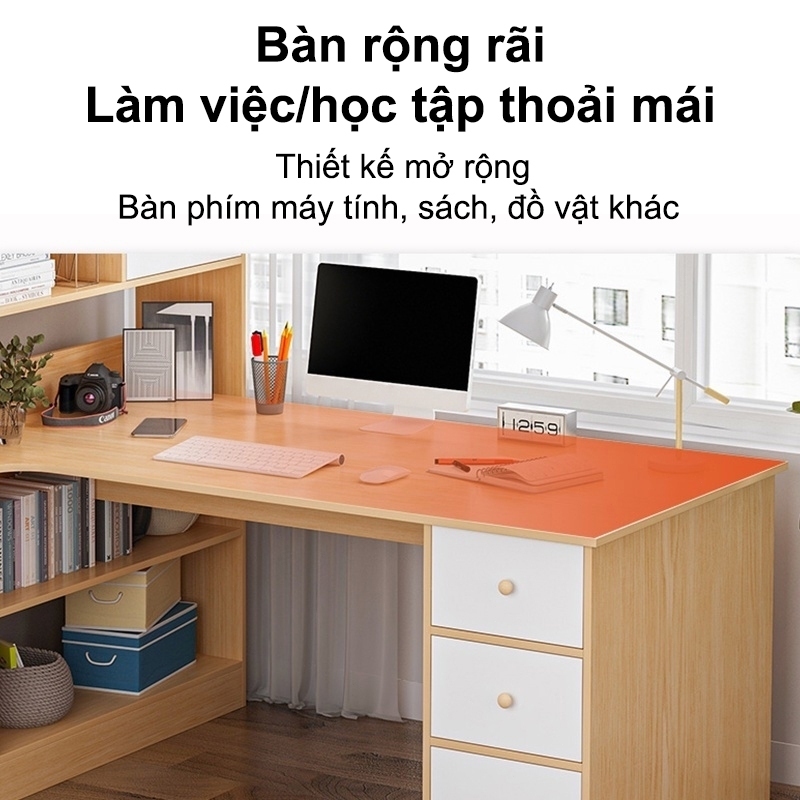 ALOVE Bàn học bàn làm việc đa năng kèm kệ sách góc, bàn gỗ văn phòng có ngăn kéo tiện dụng | BigBuy360 - bigbuy360.vn