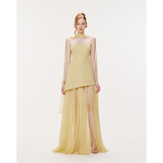 Đầm vàng cúp ngang phối tơ tà dài MOLLYNISTA thiết kế quyến rũ thanh lịch nữ tính cao cấp