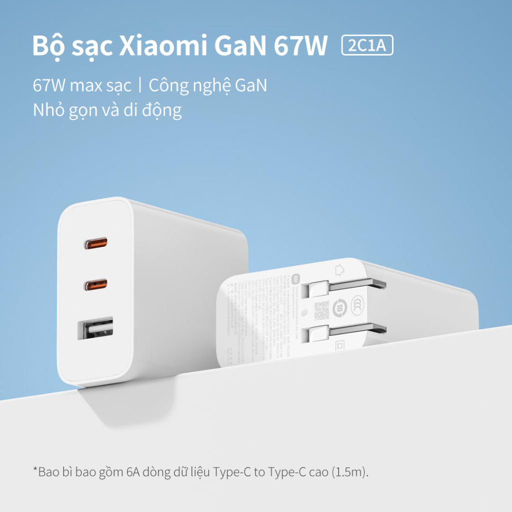 ‌Bộ sạc GaN 67W Xiaomi [2C1A] Sạc nhanh tối đa 67W Bao gồm dây Type-C sang Type-C 6A (1,5m)