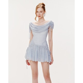 Đầm xanh ren thun lưới xếp rủ vai MOLLYNISTA thiết kế quyến rũ thanh lịch nữ tính cao cấp