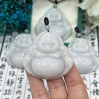 Mặt Dây Chuyền Bạch Ngọc Type A 48mm Hình Phật Di Lặc Kèm Dây Đen - Ngọc Trai Trường Thịnh