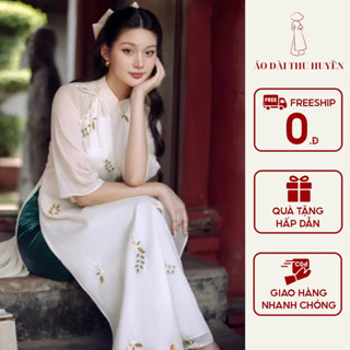 Áo dài cách tân nữ lụa tơ thêu hoa cao cấp cổ truyền thống gắn nơ.