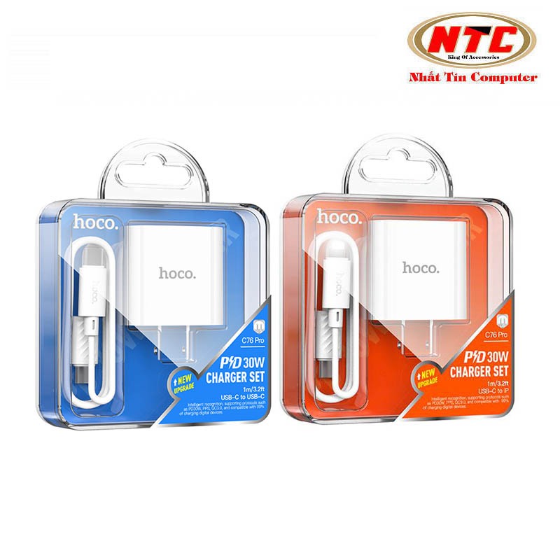 Bộ sạc 2 cổng Hoco C76 Pro USB QC 3.0 và PD 30W kèm cáp C to C / C to IP (Trắng)