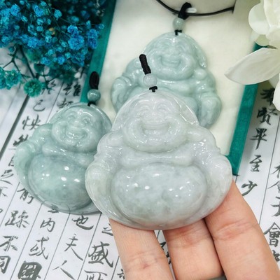 Mặt Dây Chuyền Cẩm Thạch Xanh Đậu Type A 48mm Hình Phật Di Lặc Kèm Dây Đen - Ngọc Trai Trường Thịnh