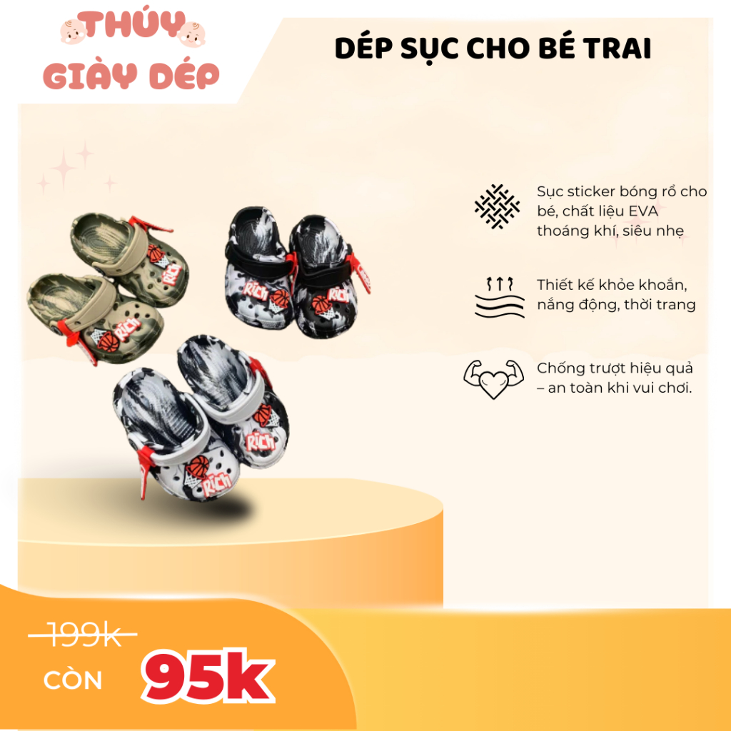 Dép Sục Cho Bé Trai Chất Liệu EVA Gắn Sticker Thời Trang, Sục EVA Bé Trai Êm Nhẹ Chống Nước (EV10)