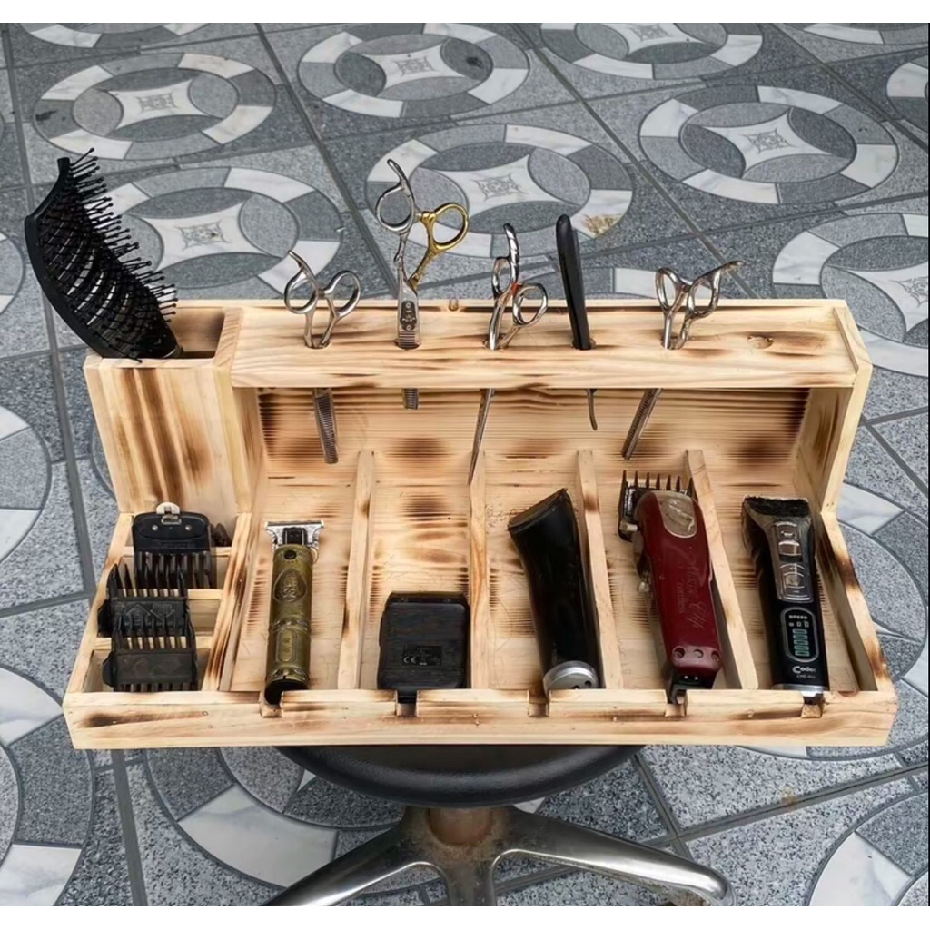 khay gỗ đựng tông đơ màu khò loang cháy