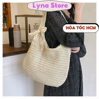 Túi cói đi biển nữ mùa hè thời trang, túi tote đeo vai kèm nơ lụa xinh xắn Lyna Store TX181