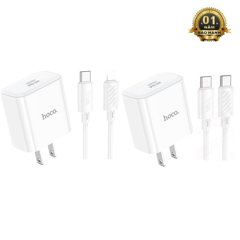 Bộ sạc 2 cổng Hoco C76 Pro USB QC 3.0 và PD 30W kèm cáp C to C / C to IP (Trắng)