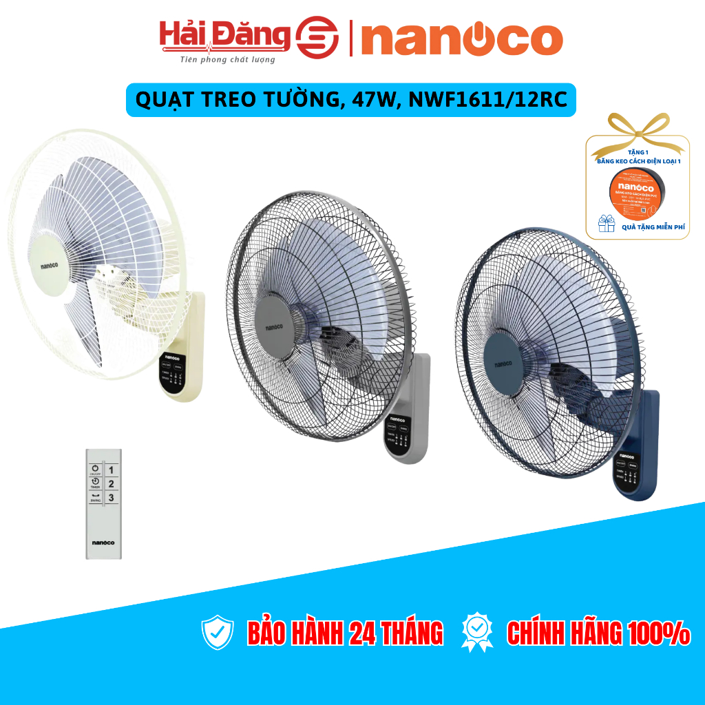 Quạt treo tường Nanoco, 47W, NWF1611/12RC Động cơ Motor dây đồng + bạc thau, tiết kiệm điện năng
