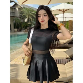   ĐỒ BƠI NỮ LIỀN MẢNH VÁY  Bikini nữ 1 mảnh TAY NGẮN VÁY MIX LƯỚI hở lưng màu đen xinh xắn 