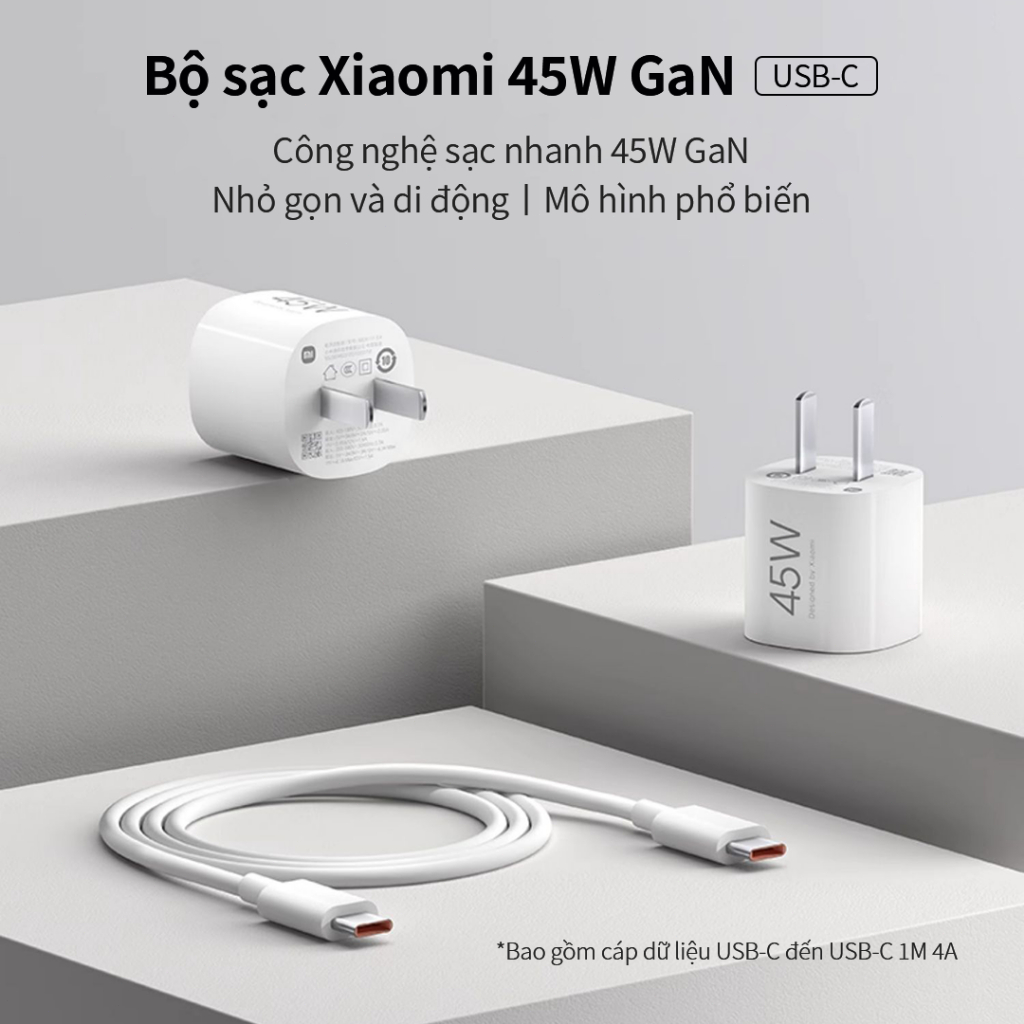 ‌Bộ sạc GaN 45W Xiaomi (USB-C)‌ Công nghệ sạc nhanh GaN 45W Bao gồm dây USB-C sang USB-C 1m, 4A
