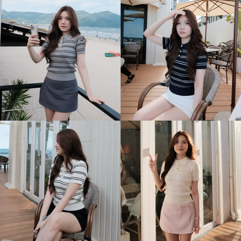 [ ẢNH THẬT ]  STELA TOP - Áo polo kẻ sọc ngang phối cúc đồng sang chảnh chất len dệt kim sweater.dao