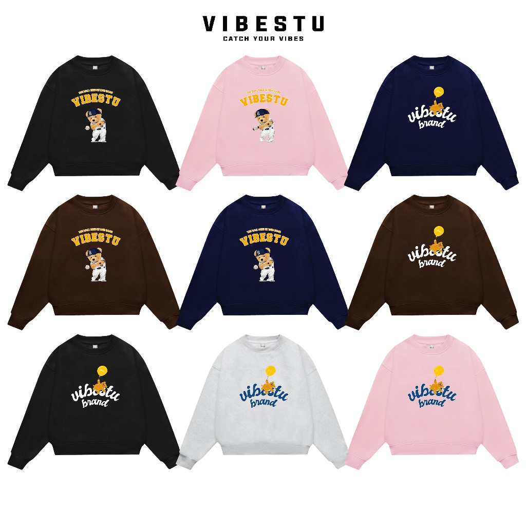 Áo Sweater Nỉ 2 Da  VIBESTU " Bear and Ball  " Boxy Tay Dơi Unisex Nam Nữ | BigBuy360 - bigbuy360.vn