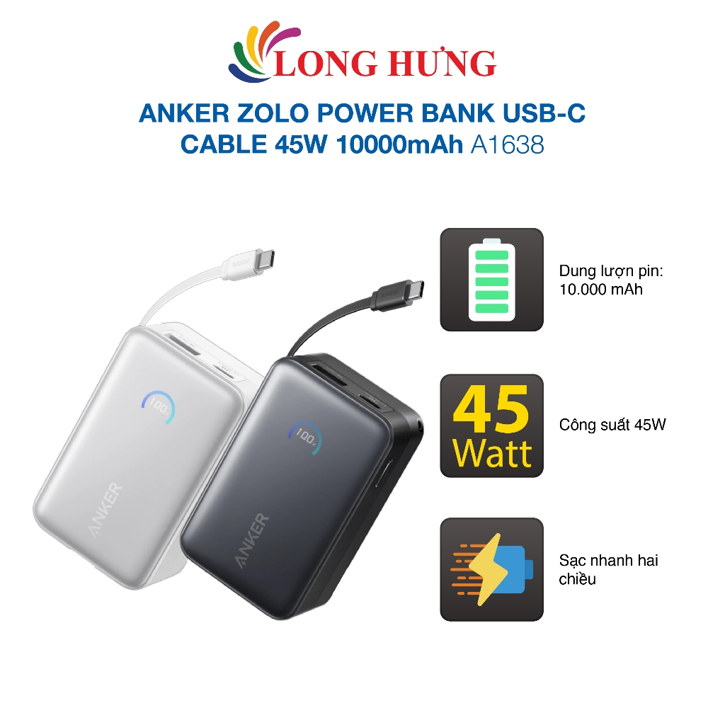 Sạc dự phòng Anker Zolo Power Bank USB-C Cable 45W 10000mAh A1638 - Hàng chính hãng